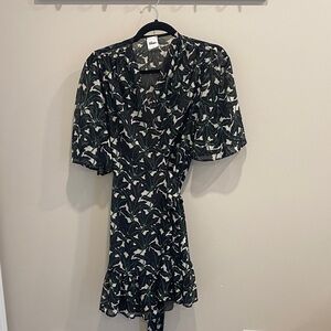 Jane Wood Black and Green Leaf Print wrap dress